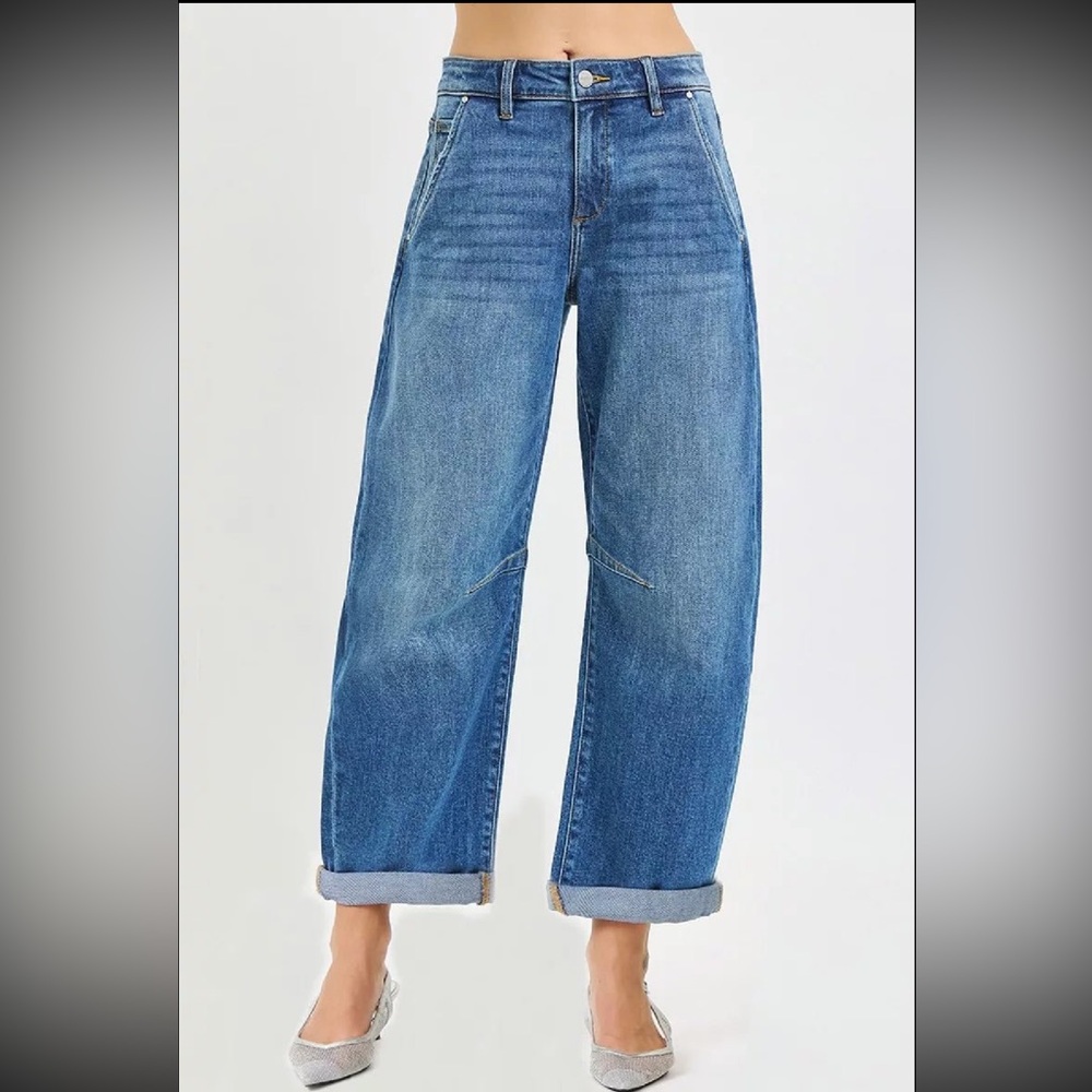 RISEN Slouchy Cropped Barrel Jeans With Cuffed Hem